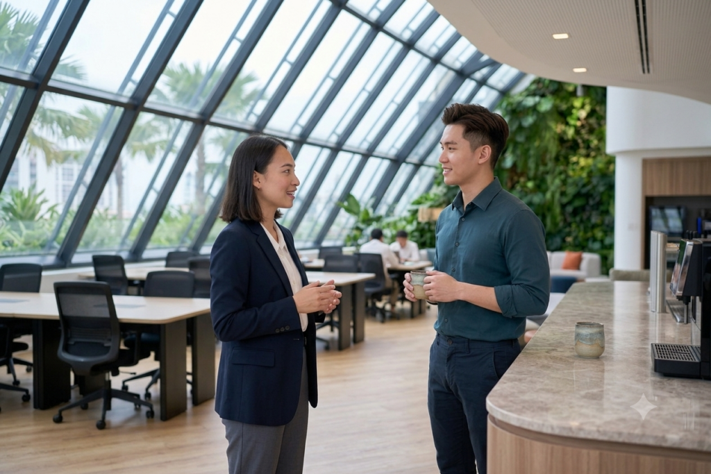 Office lady talking to an office guy