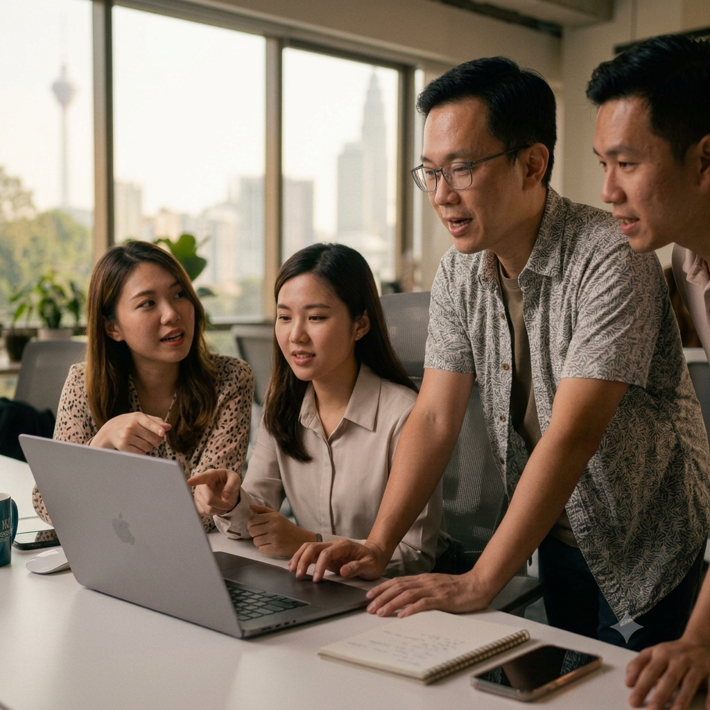 Malaysian Chinese men and ladies discussing in office